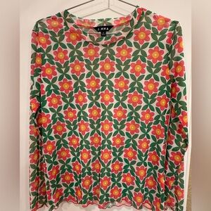 Green and Pink Sheer Floral Print Long Sleeve Women's Top